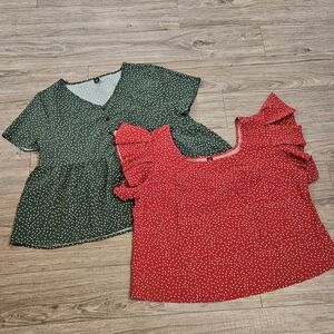 SHEIN Bundle‎ - Green and Red Ruffled Peplum Blouses